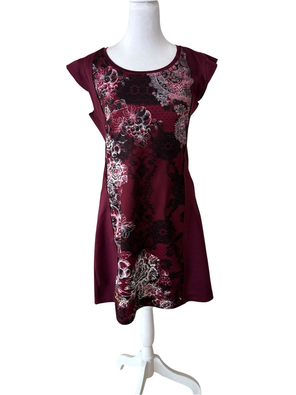 Desigual Burgundy Floral-Panel Cap Sleeve Mini Dress